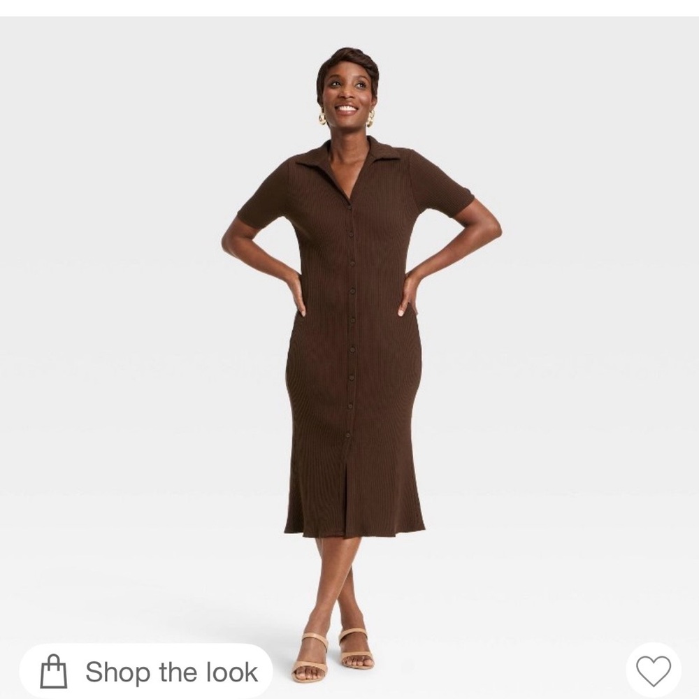 a new day Brown Button-Front Ribbed Midi Dress